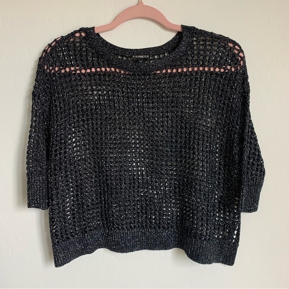 Express Boho Black Metallic Loose Knit Oversized 3/4 Sleeve Sweater Extra Small - Picture 3 of 8